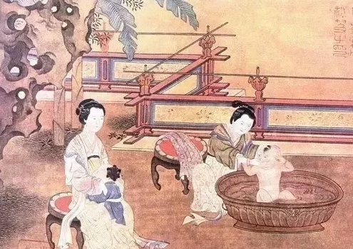 插簪釵、穿襦裙、披帛的婦女（宋人《妃子浴兒圖》）