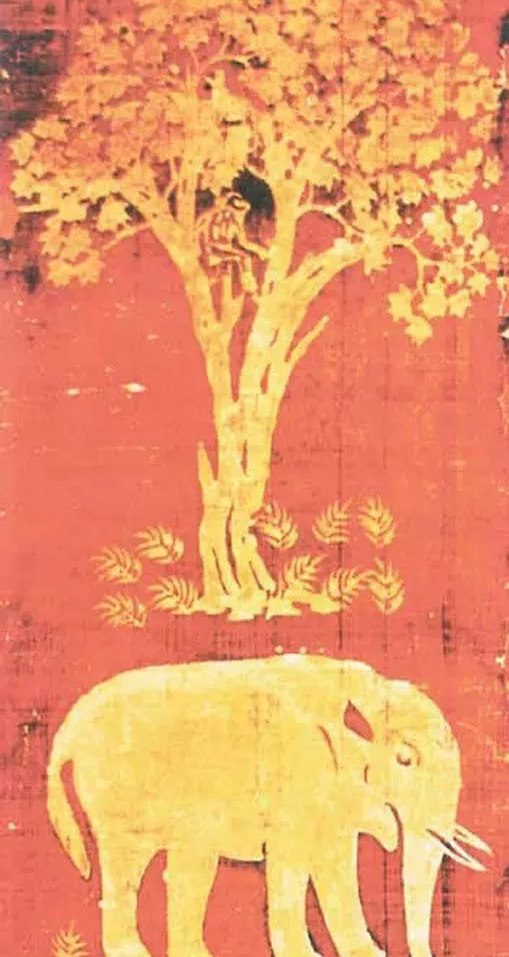 唐 黃地象樹蠟染屏風163.5cm×56.5cm日本正倉院藏