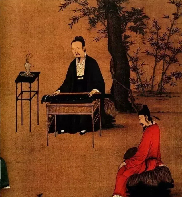 戴束發(fā)冠、穿對襟衫的皇帝與戴幞頭的官吏（趙佶《聽琴圖》局部）